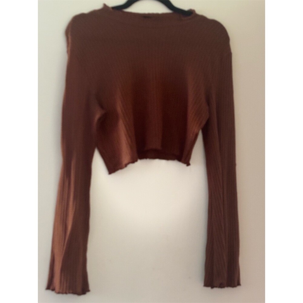 SHEIN Top Womens Size M Brown Ribbed Knit Cropped Long Sleeve Lettuce Hem